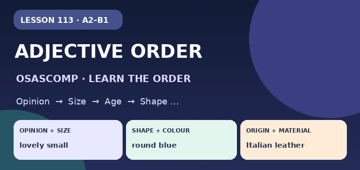 Adjective Order: Opinion / Size / Age / Shape / Colour / Origin / Material / Purpose English grammar cover