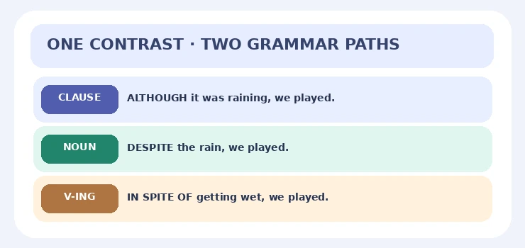 Although, even though, despite, in spite of yapılarının clause noun ve ing karşılaştırması