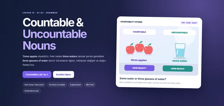 Countable Uncountable Nouns interaktif dersinin masaüstü görünümü