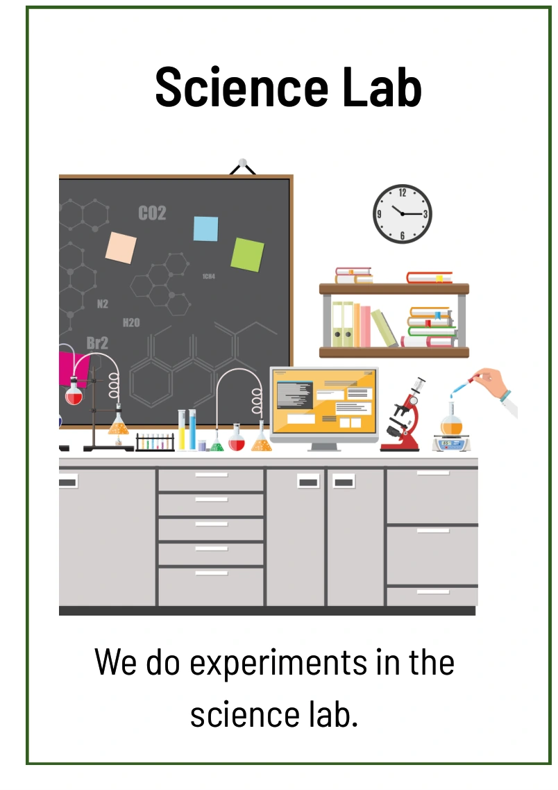 Science Lab: We do experiments in the science lab.