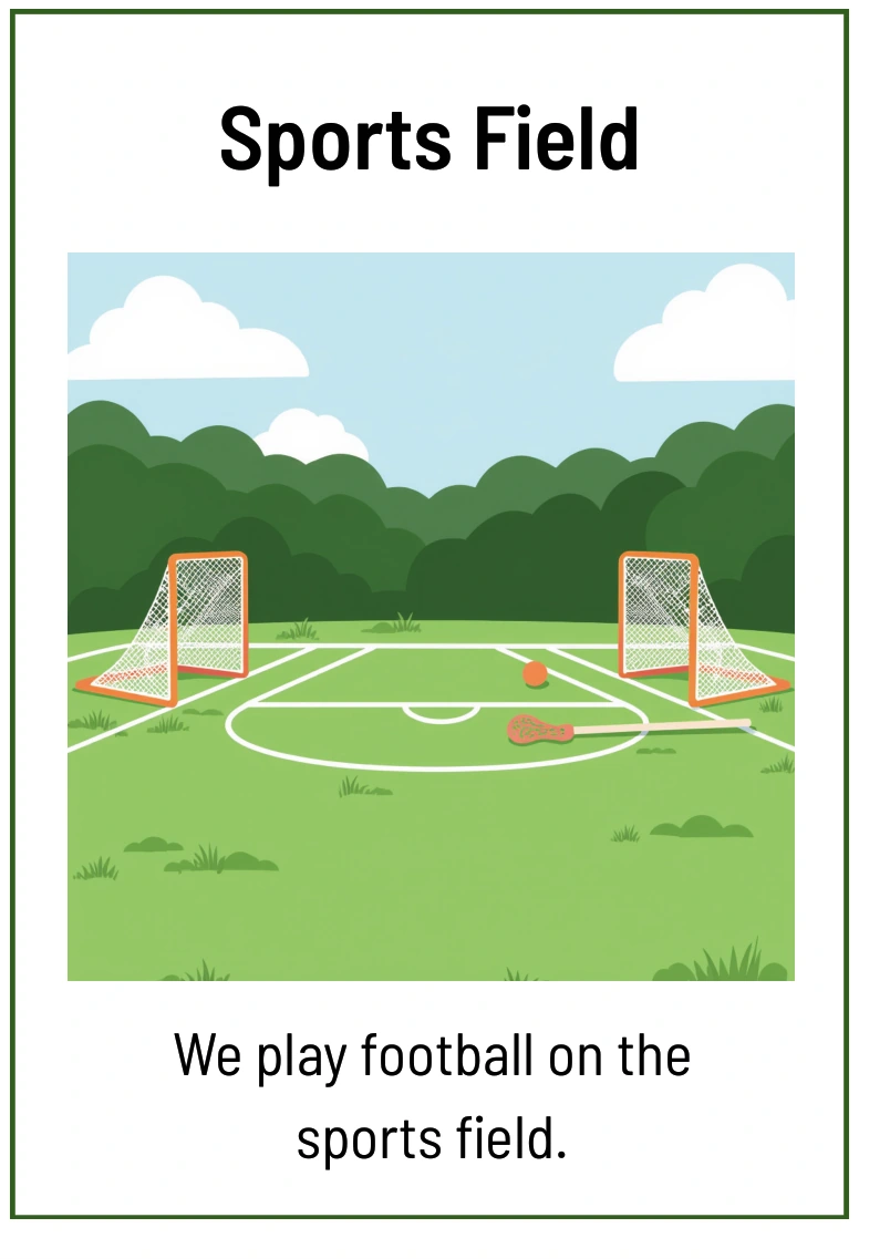 Sports Field: We play football on the sports field.