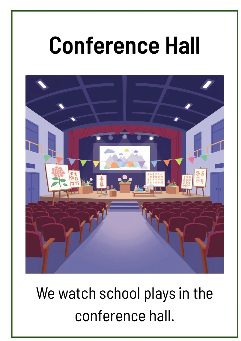 Conference Hall: We watch school plays in the conference hall.