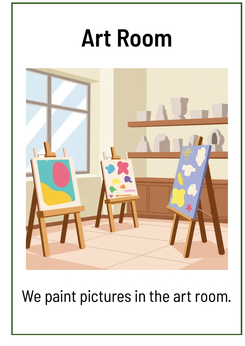 Art Room: We paint pictures in the art room.