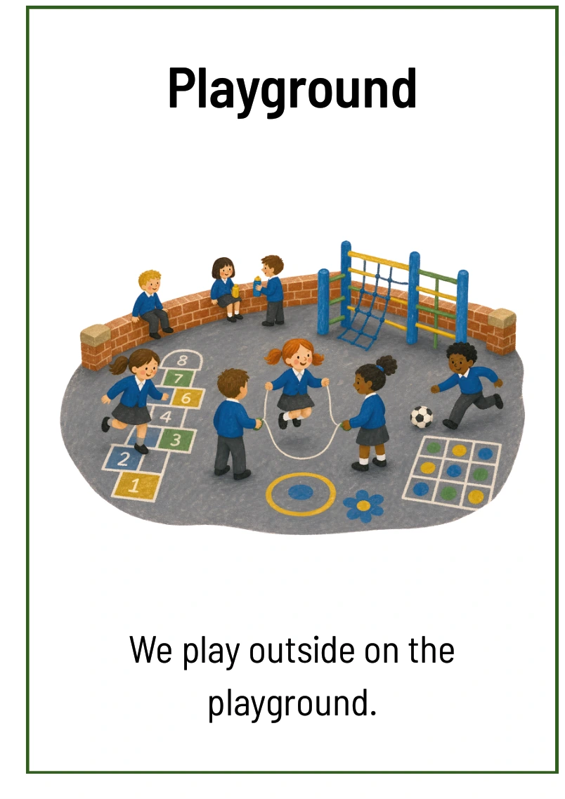 Playground: We play outside on the playground.