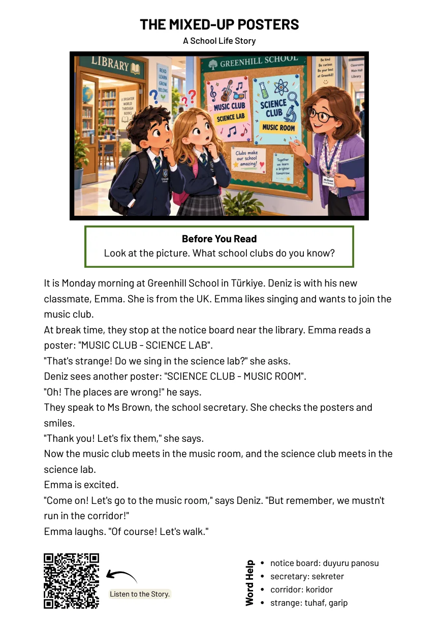 First A4 page with the story and its illustration