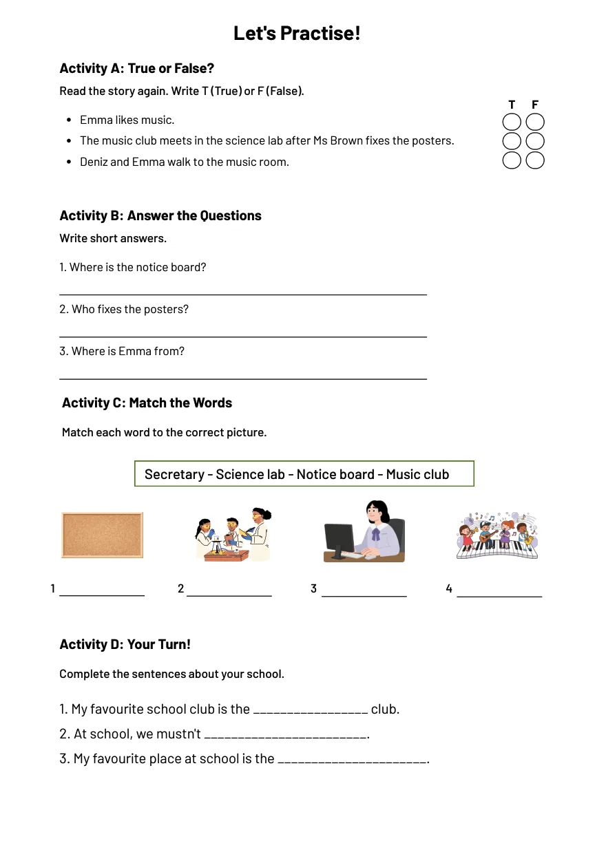 Second A4 page with comprehension and vocabulary exercises