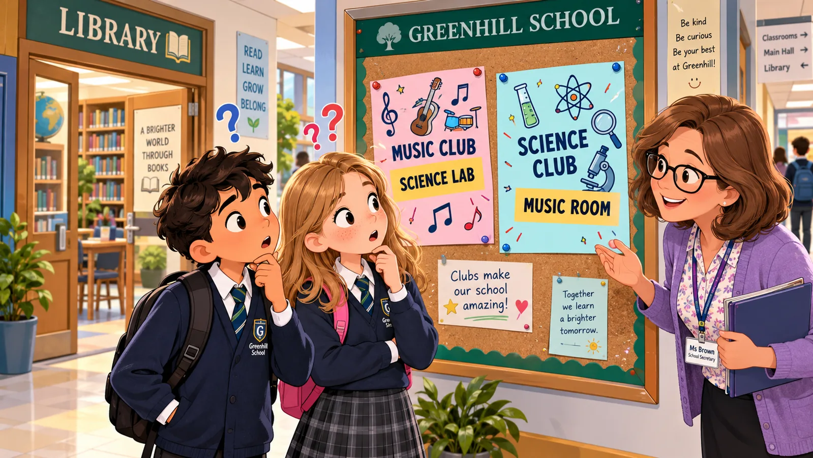 Deniz and Emma examining mixed-up club posters in their school hallway
