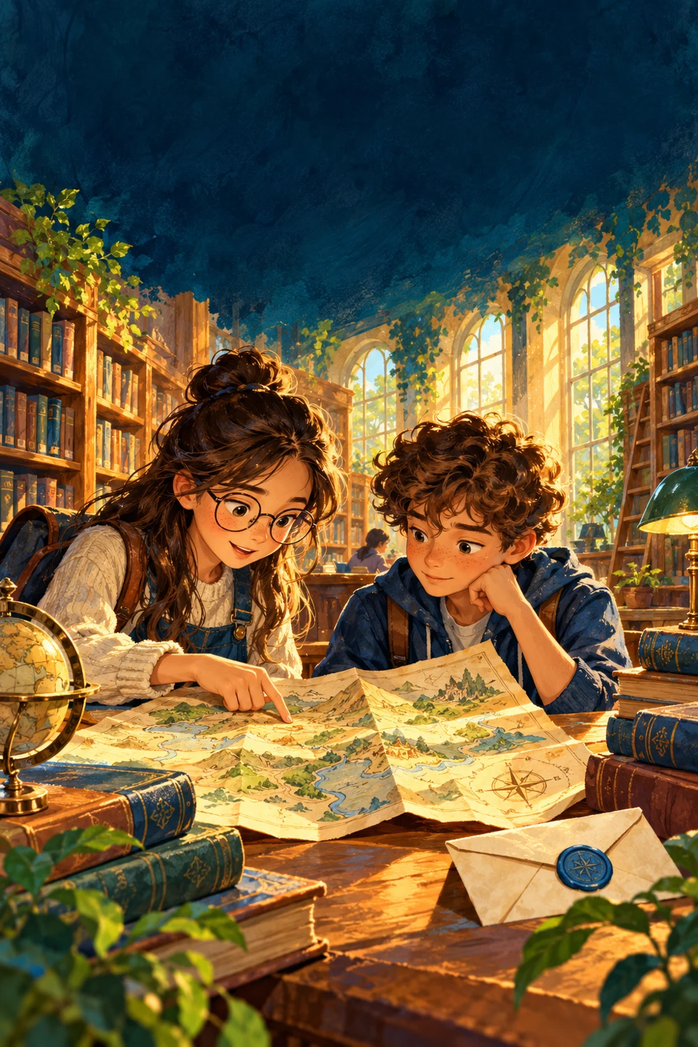 Two friends exploring a map in a sunlit library