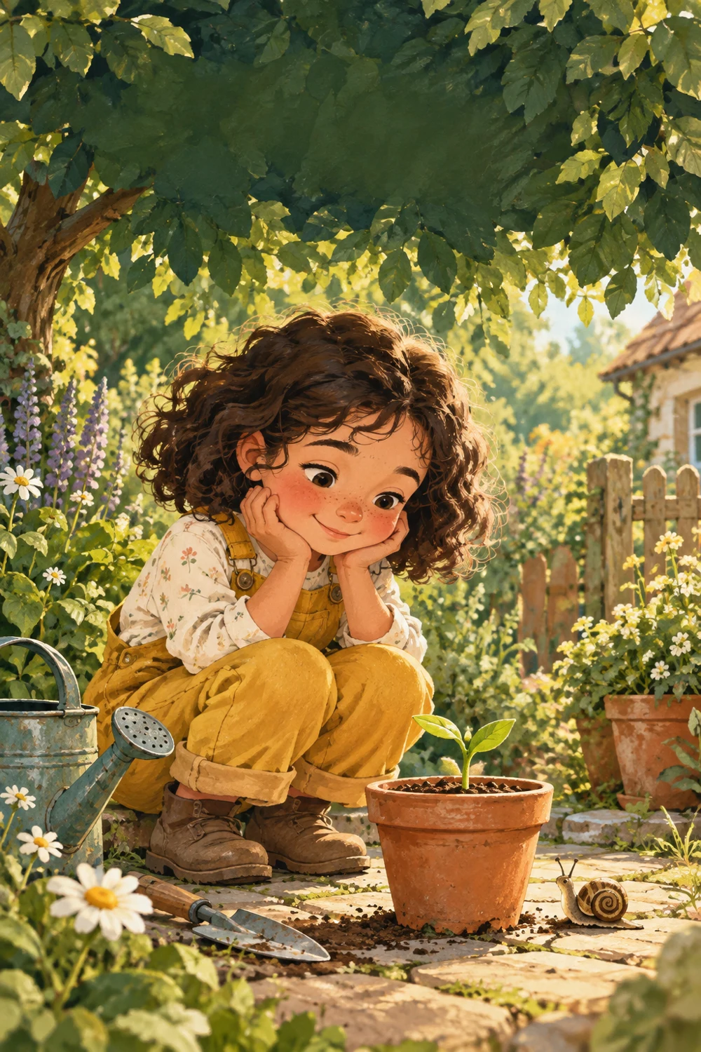 Mia and a little plant in a sunny garden